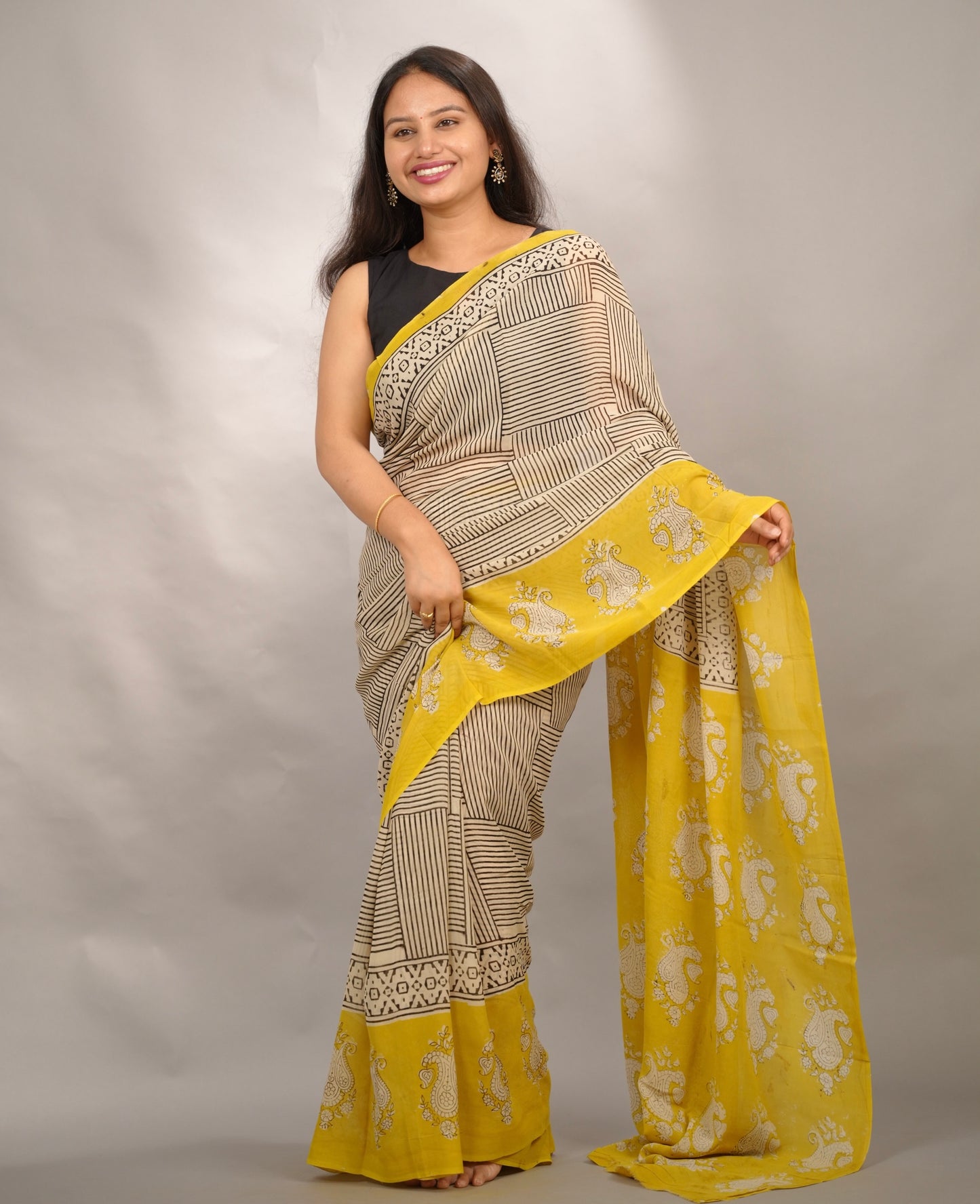 Cream & Yellow Georgette Hand Block Printed Saree| Looms & Tassels