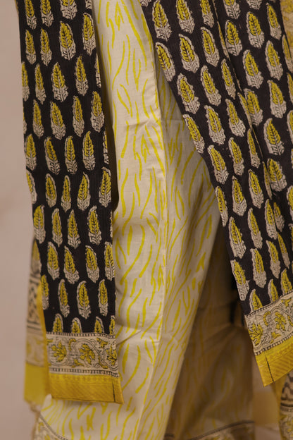 Black & Lemon Yellow Handblock printed Pure Maheswari Silk 3 piece suit (stitched)