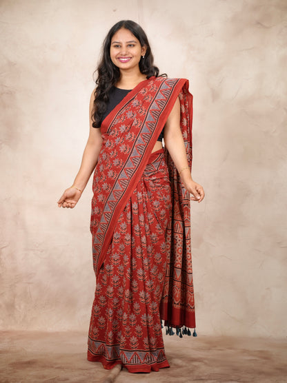 Red Ajrakh Hand Block Printed Cotton Saree | Looms & Tassels