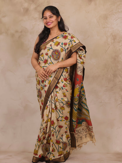 Cream Lotus Kalamkari Nizam Border Chennur Silk Saree | Looms & Tassels