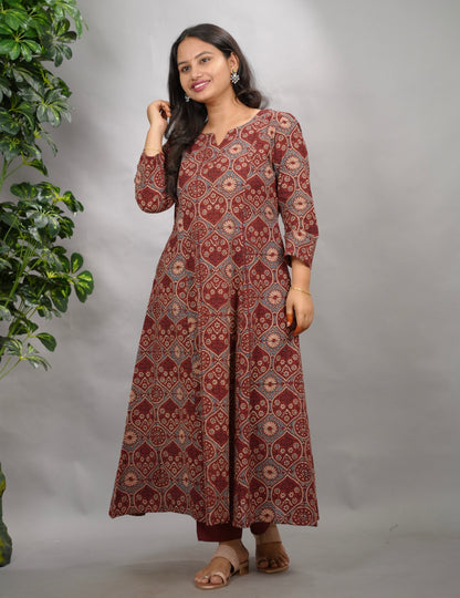 Maroon Ajrakh Cotton Kali Kurta | Looms & Tassels