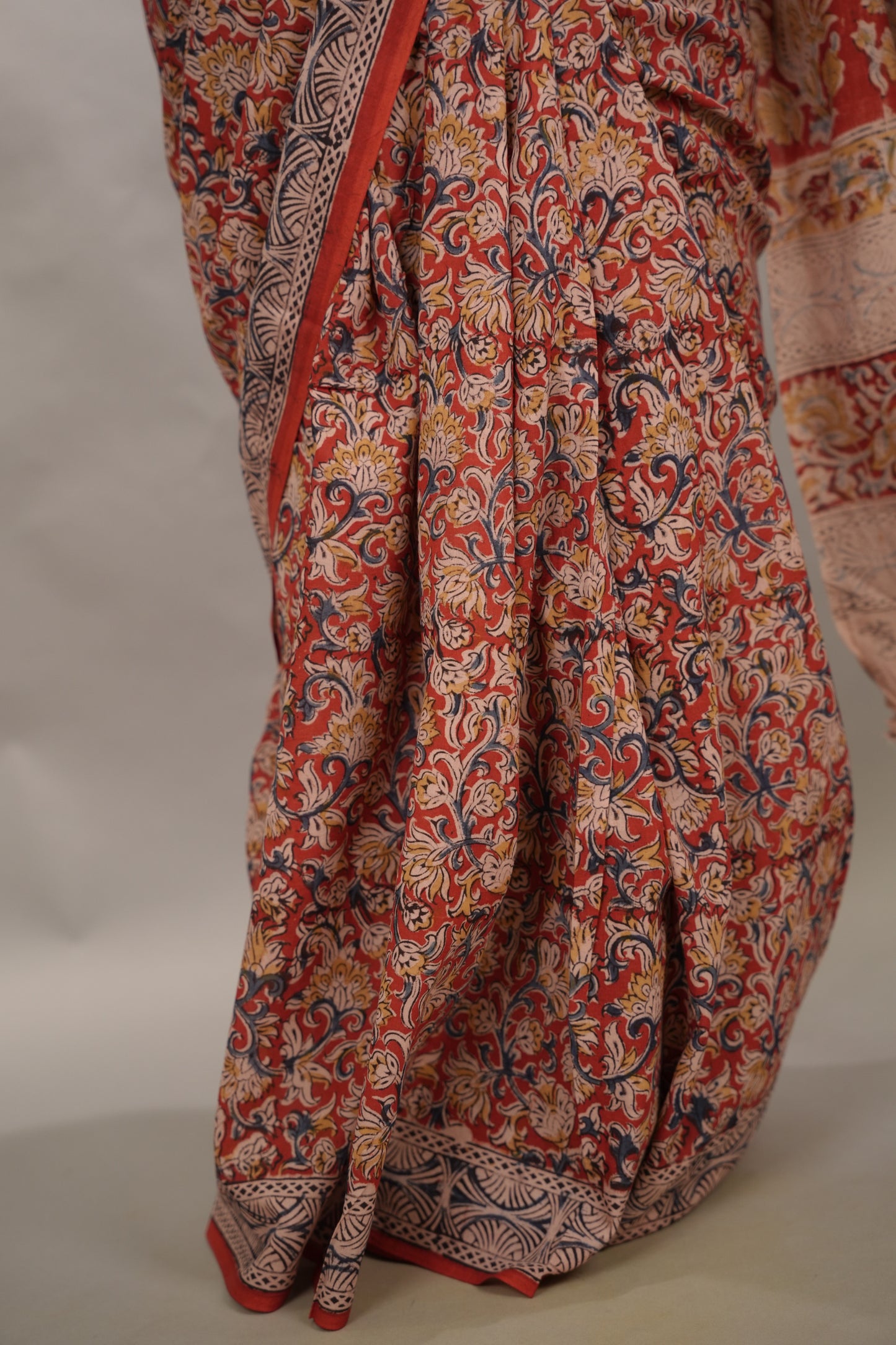 Red Hand Block Printed Kalamkari Cotton Saree | Looms & Tassels