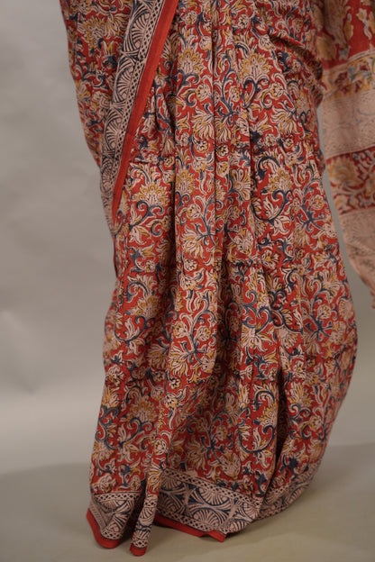 Red Hand Block Printed Kalamkari Cotton Saree | Looms & Tassels