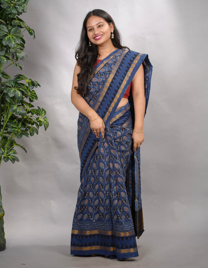 Indigo Blue Ajrakh Hand Block Printed Sungudi Cotton Saree | Looms & Tassels