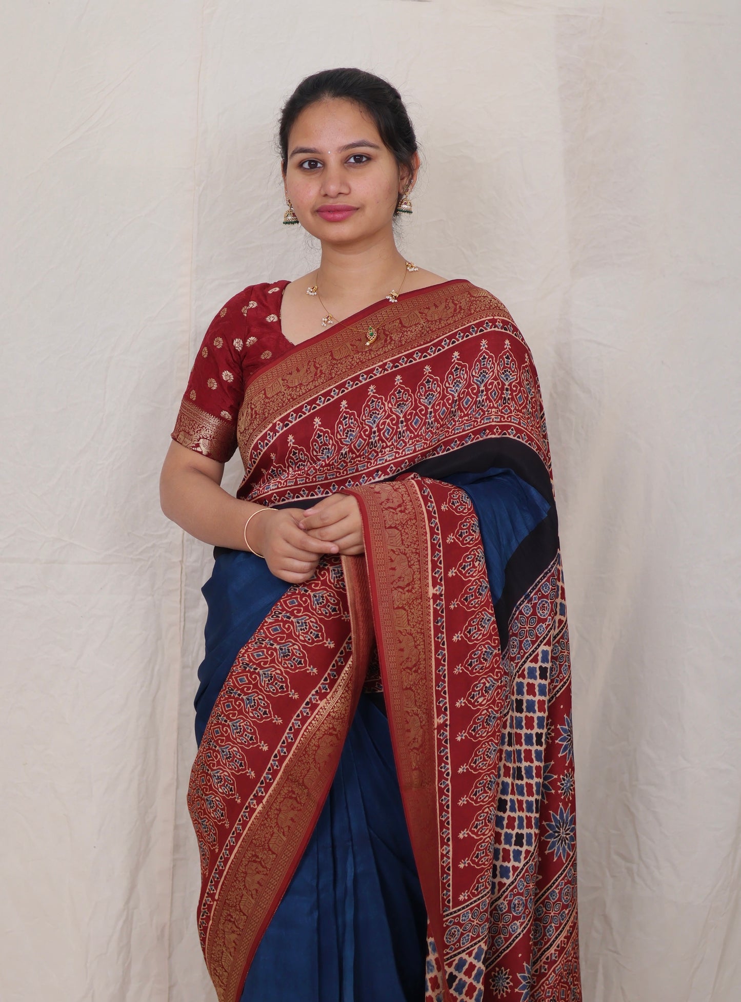 Cyan Blue Ajrakh Dola Silk Saree