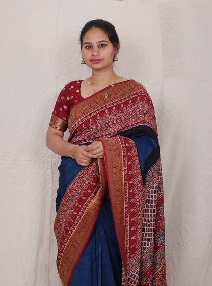 Cyan Blue Ajrakh Dola Silk Saree