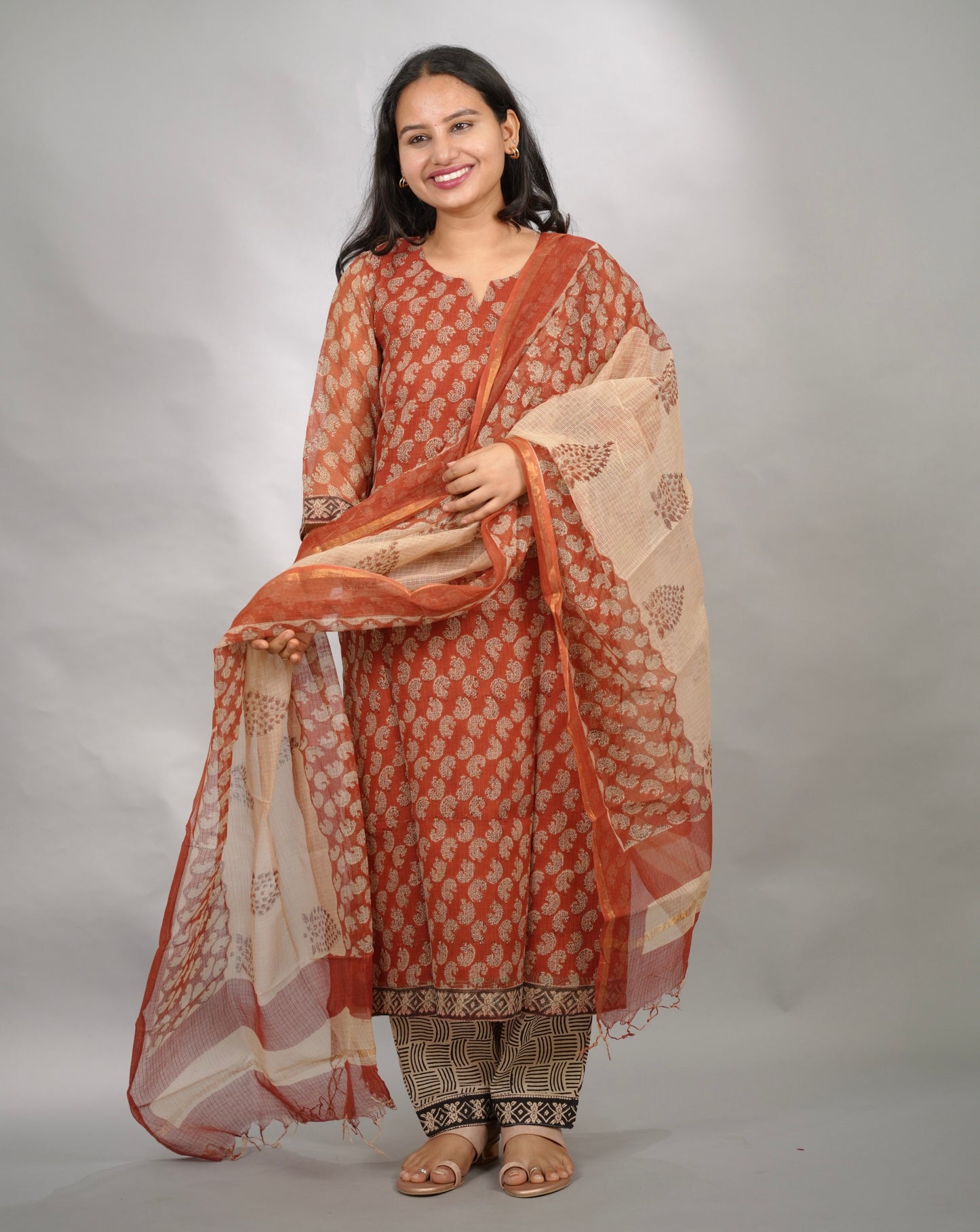 Maroon Handblock printed kota 3 piece suit (stitched)