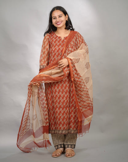 Maroon Handblock printed kota 3 piece suit (stitched)