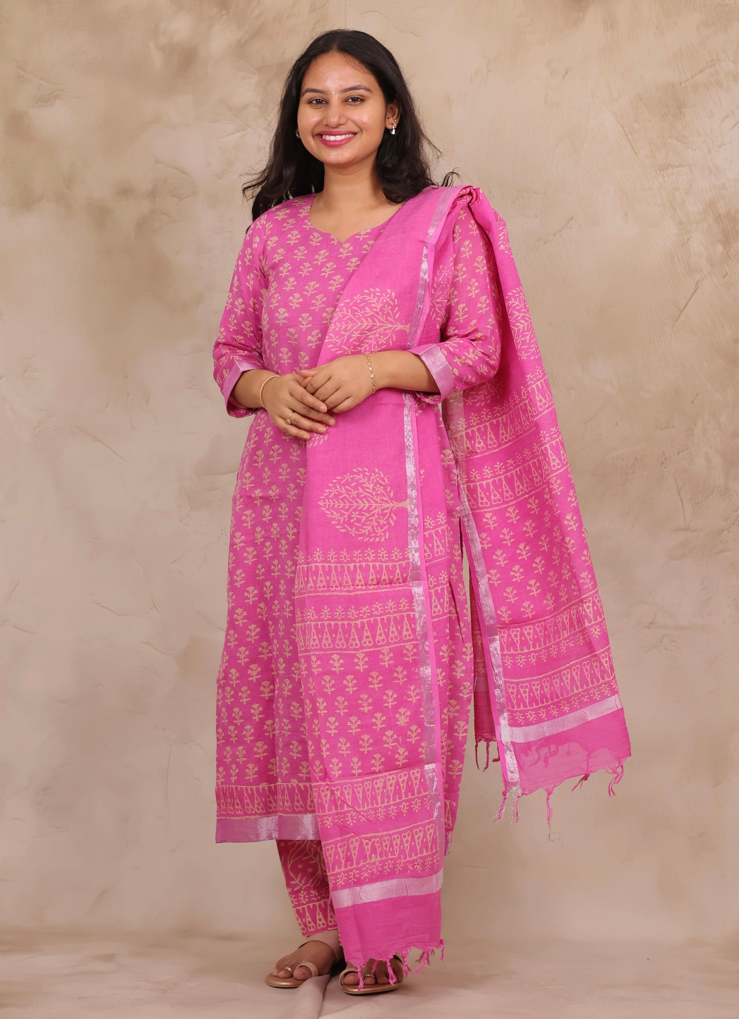 Pink Linen Cotton Handblock printed 3 piece suit (stitched)
