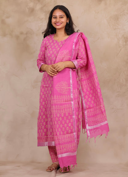 Pink Linen Cotton Handblock printed 3 piece suit (stitched)