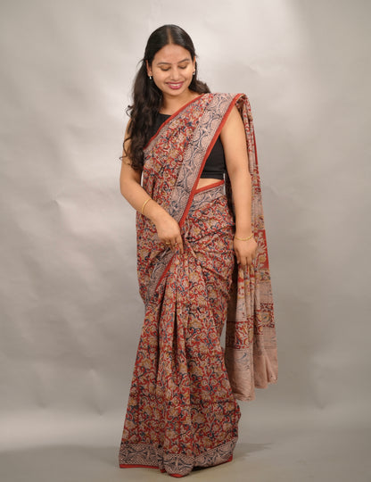 Red Hand Block Printed Kalamkari Cotton Saree | Looms & Tassels