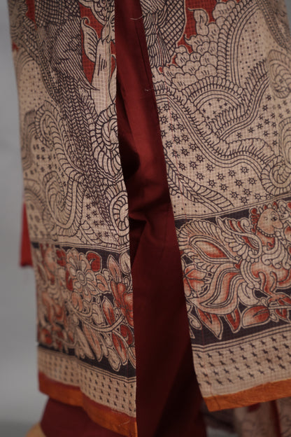 Maroon Kalamkari Kota Cotton 3 piece suit (stitched) | Looms & Tassels