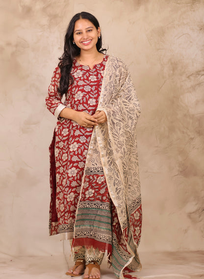 Maroon Linen Cotton Handblock printed 3 piece suit (stitched)