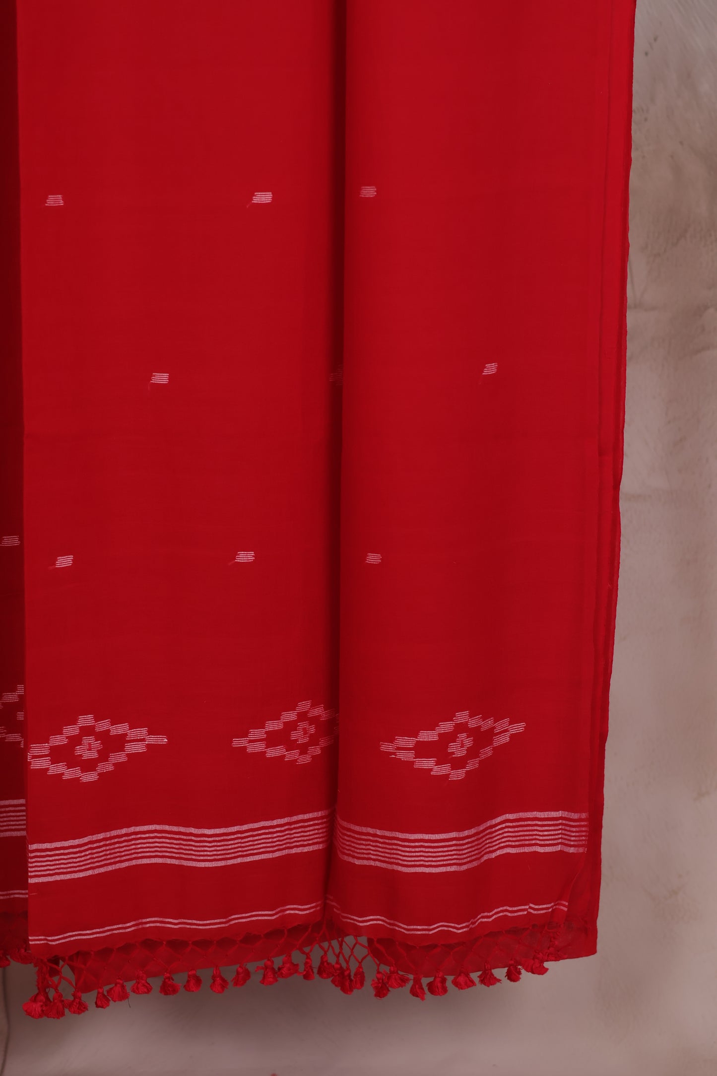 Red Malai Cotton Saree with Butta Weaving | Looms & Tassels