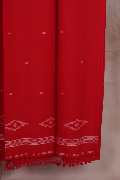 Red Malai Cotton Saree with Butta Weaving | Looms & Tassels
