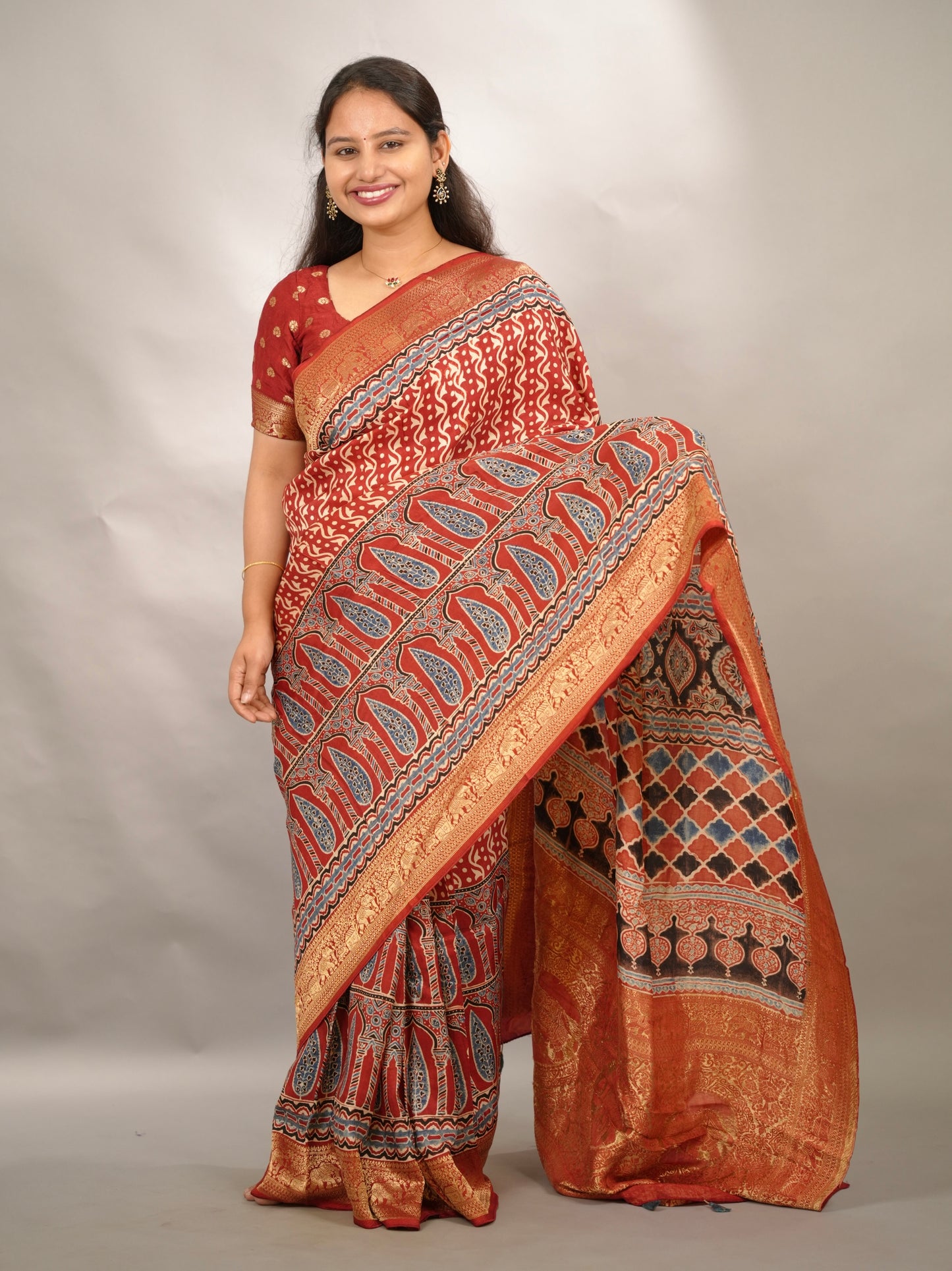 Red Ajrakh Handblock printed Dola Silk Saree | Looms & Tassels