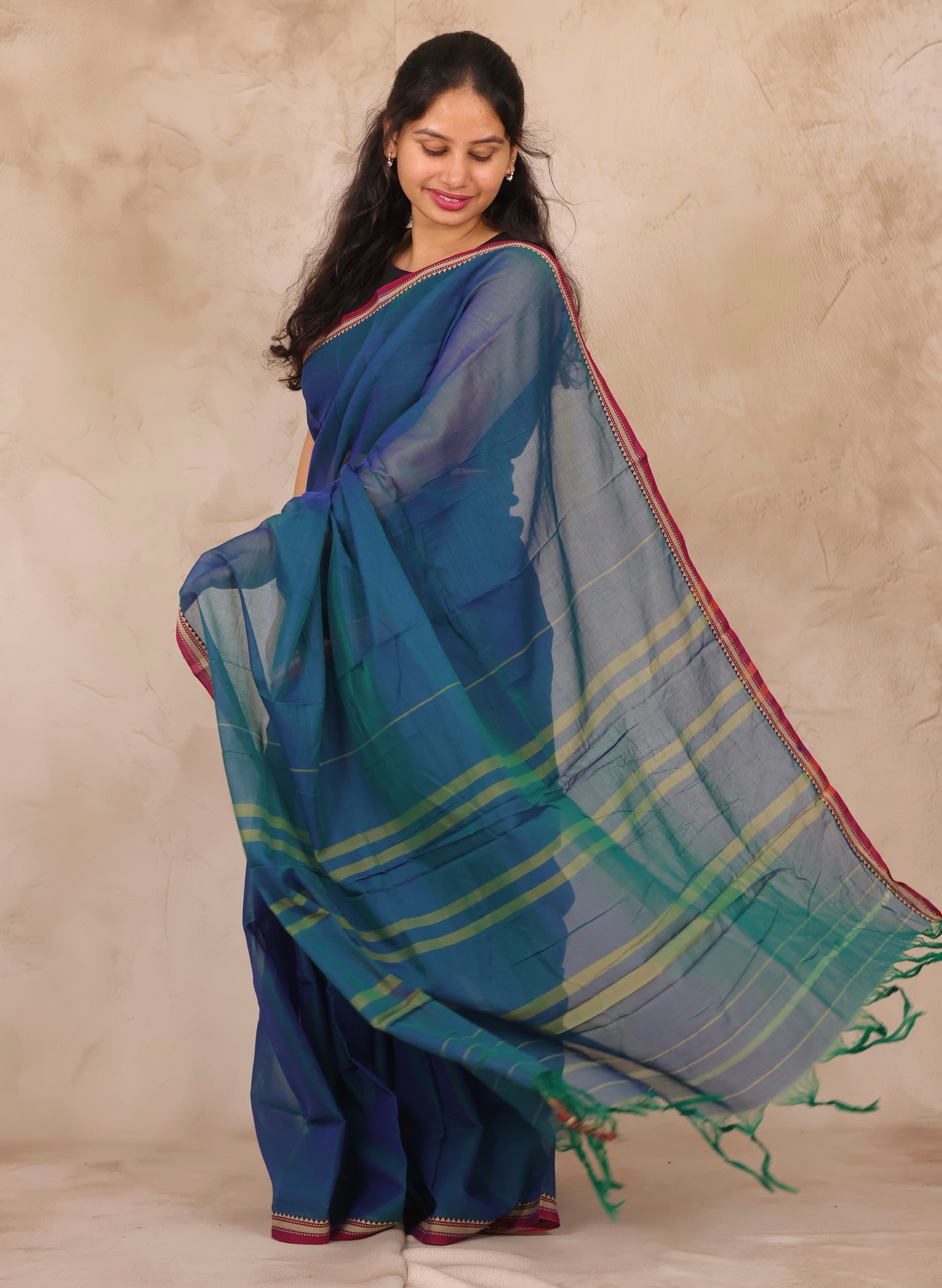 Cyan Blue Narayanpet Cotton Saree | Looms & Tassels