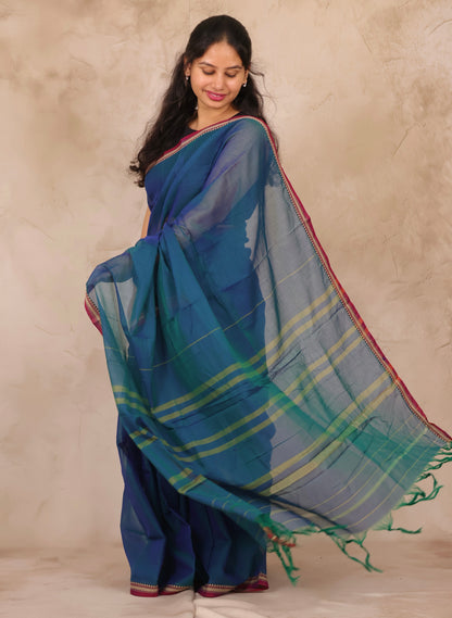 Cyan Blue Narayanpet Cotton Saree | Looms & Tassels