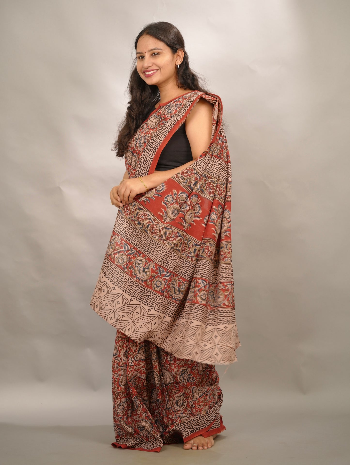 Red Hand Block Printed Kalamkari Cotton Saree | Looms & Tassels