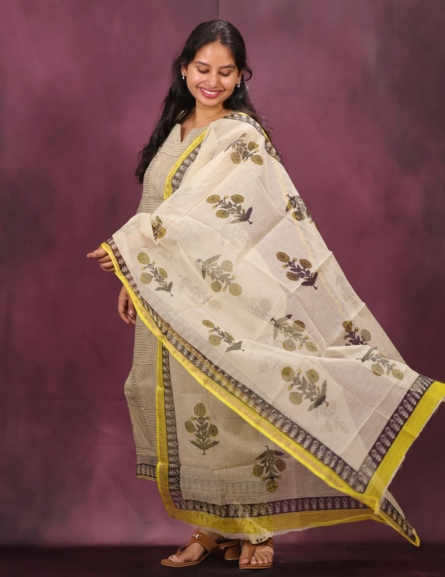 Cream Handblock printed kota 3 piece suit (stitched)