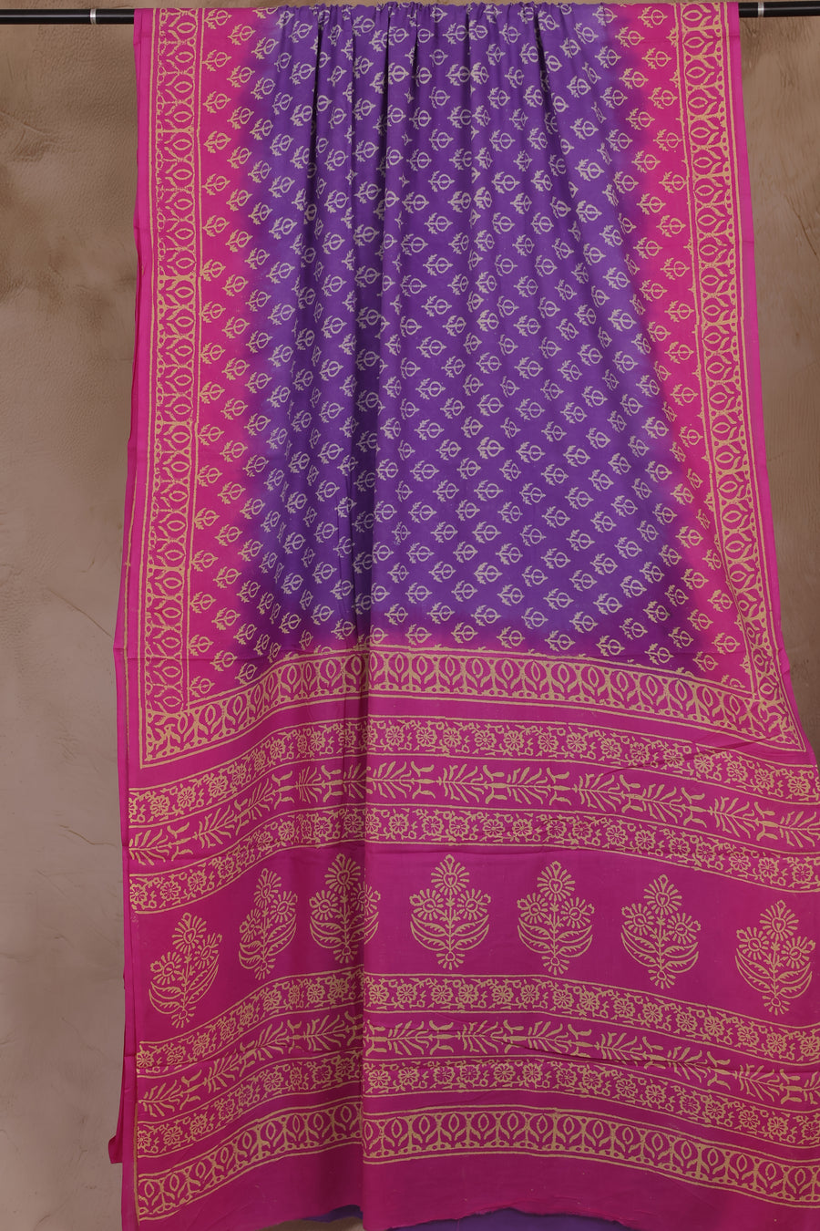 Violet & Pink Bagru Handblock printed MulMul cotton saree | Looms & Tassels