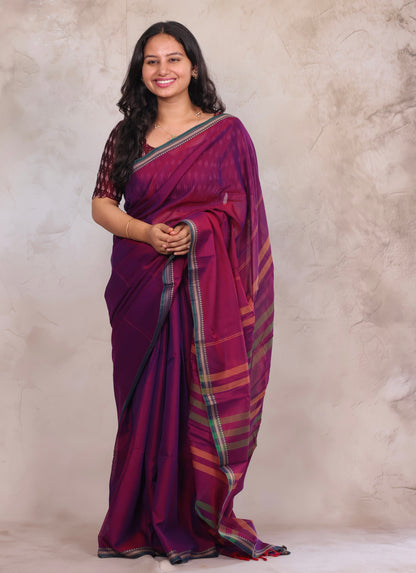 Magenta Narayanpet Cotton Saree with Ikkat Blouse Piece | Looms & Tassels