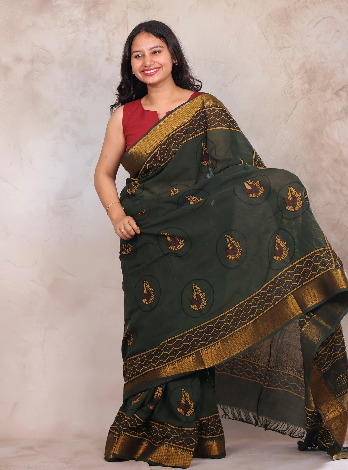 Green Ajrakh Hand Block Printed Mangalagiri Cotton Saree | Looms & Tassels