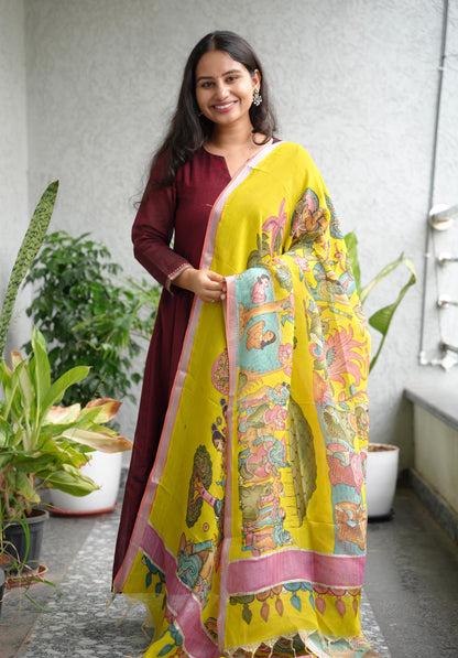 Yellow Pen Kalamkari Mangalagiri silk Dupatta