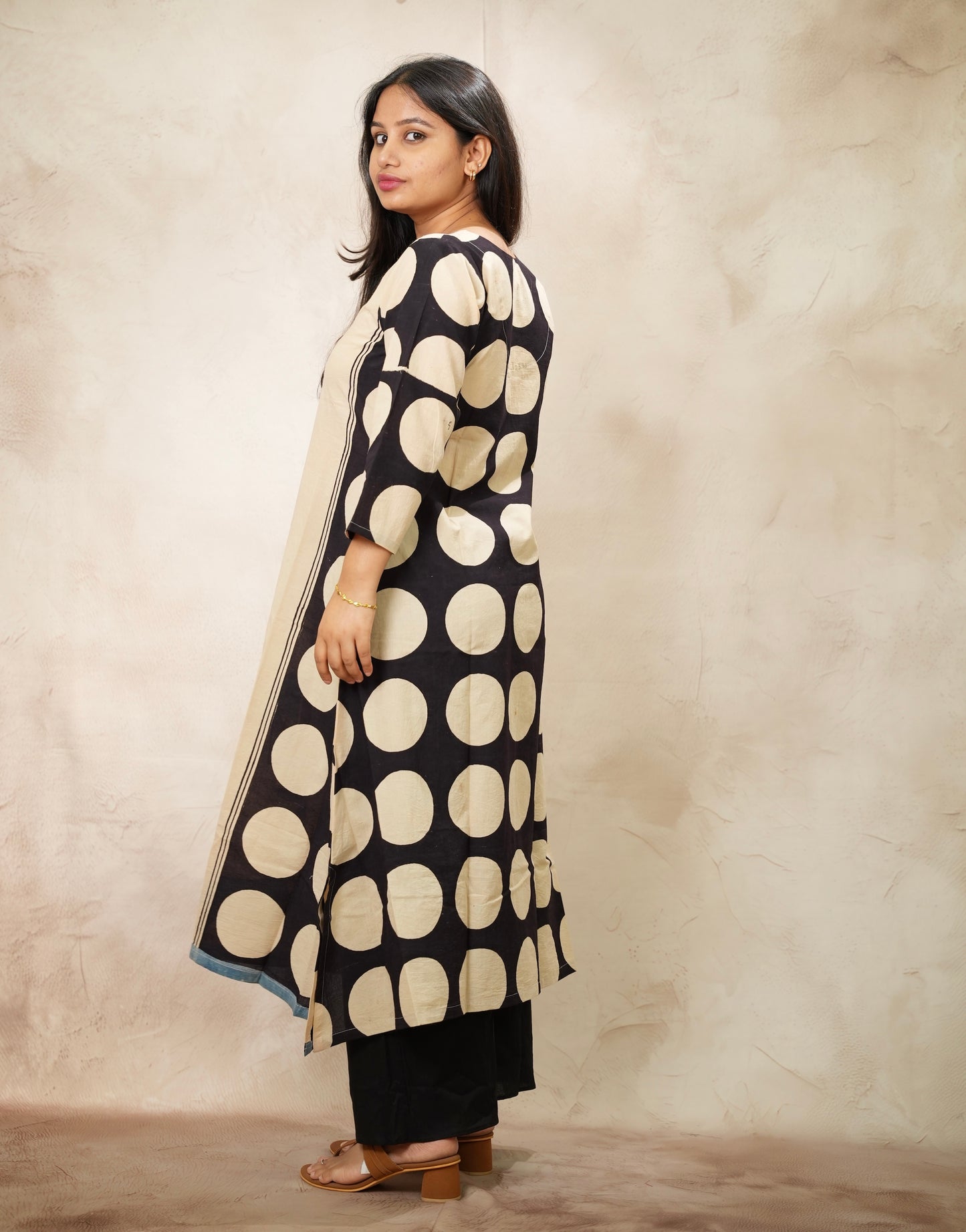 Cream Ajrakh Pattern Hand Block printed Aline Kurti | Looms & Tassels