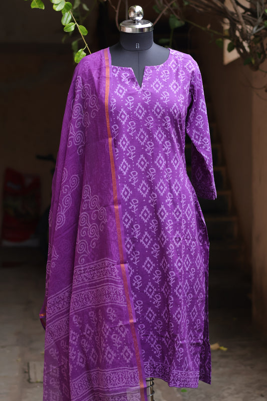 Purple Handblock printed Pure Mul Cotton with Kota Doria Duppata 3 piece suit (stitched)