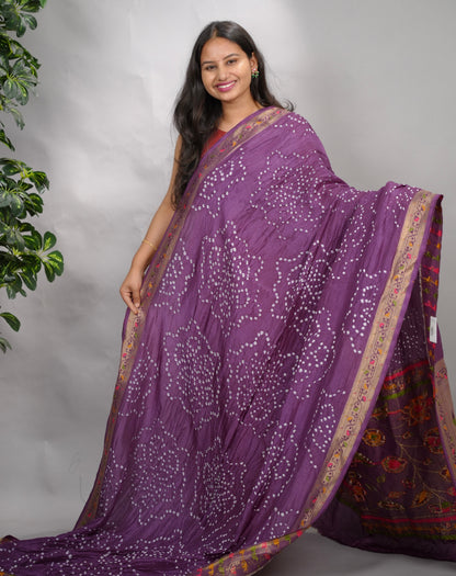 Violet Handcrafted  Pattern Bandhani Paithani Dola Silk Saree | Looms & Tassels