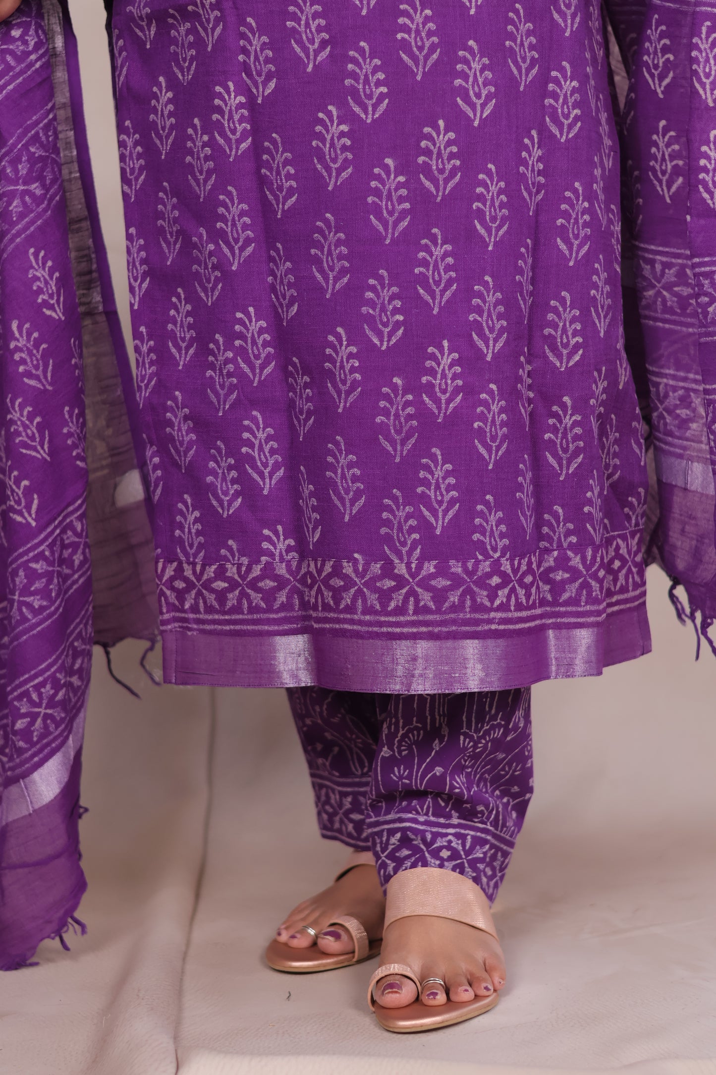Purple Linen Cotton Handblock printed 3 piece suit (stitched)