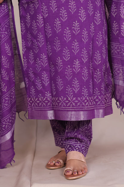 Purple Linen Cotton Handblock printed 3 piece suit (stitched)