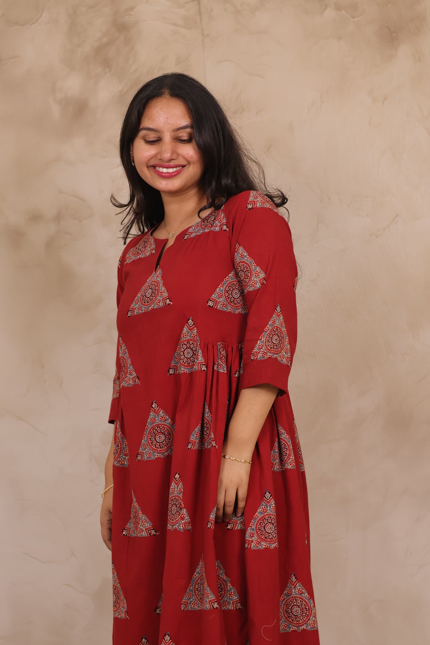 Red Pure Mul Cotton Ajrakh Aline Dress | Looms & Tassels