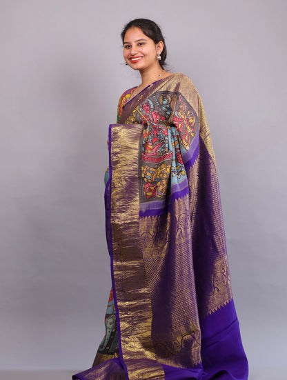 Blue Kanchi Pattu Hand Painted Pen Kalamkari Saree