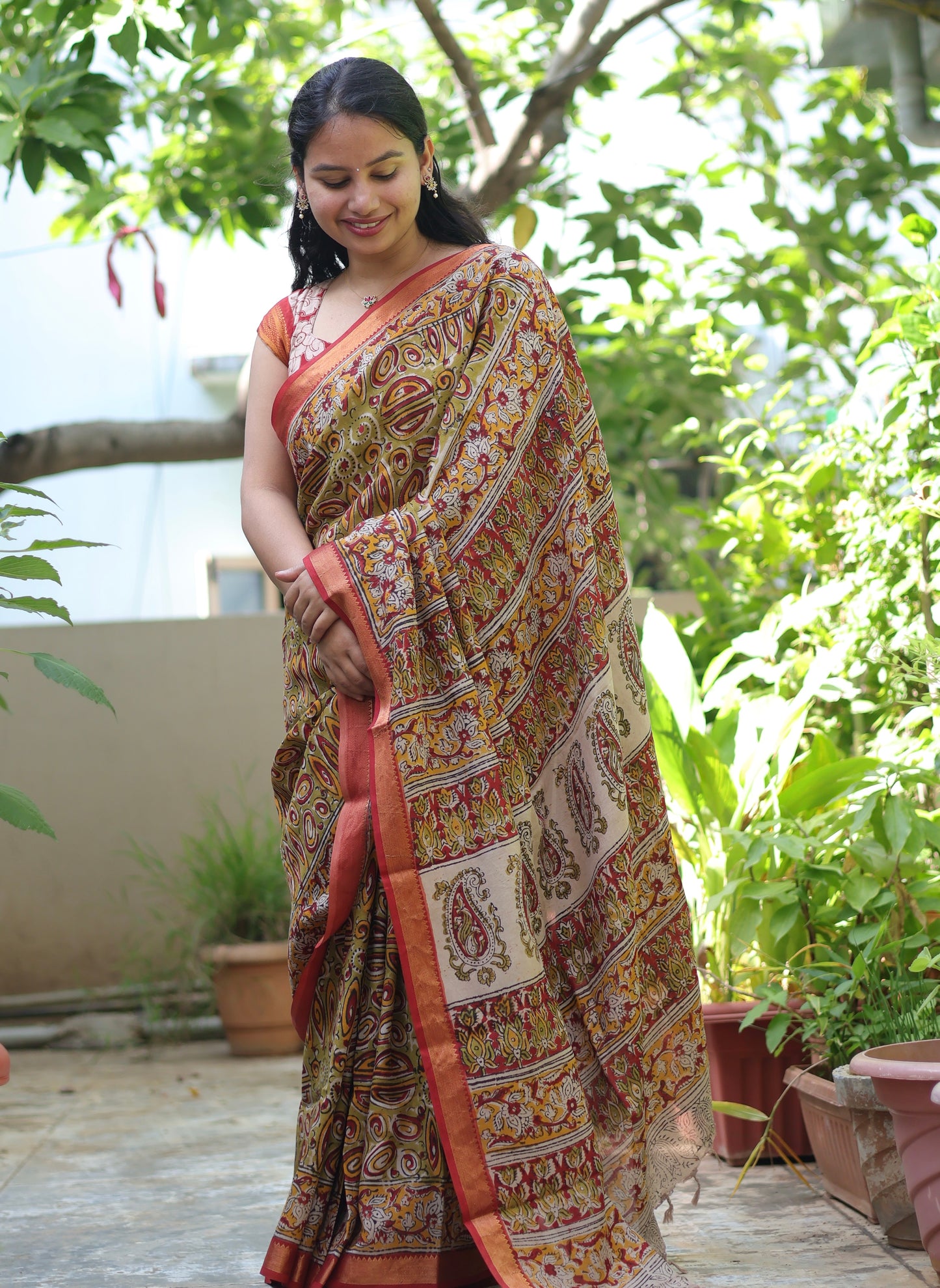 Green Hand Block Printed Kalamkari Nizam Border Silk Sare
