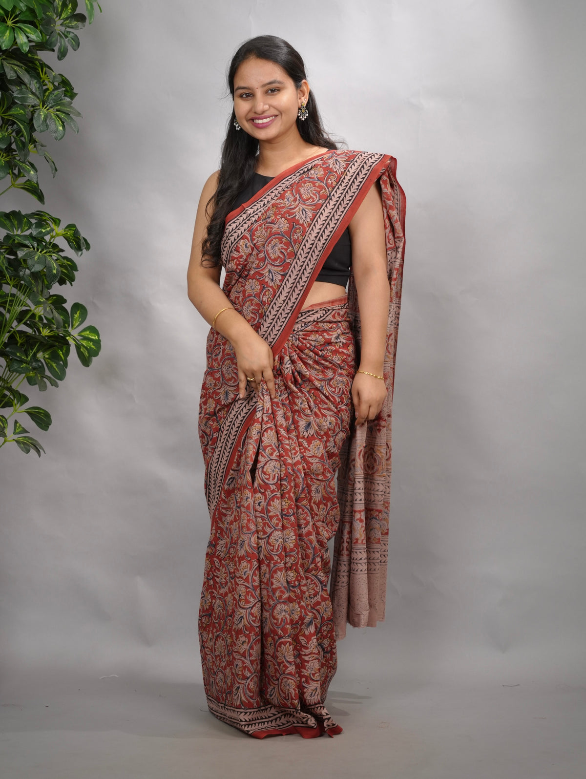 Red Hand Block Printed Kalamkari Cotton Saree | Looms & Tasselse
