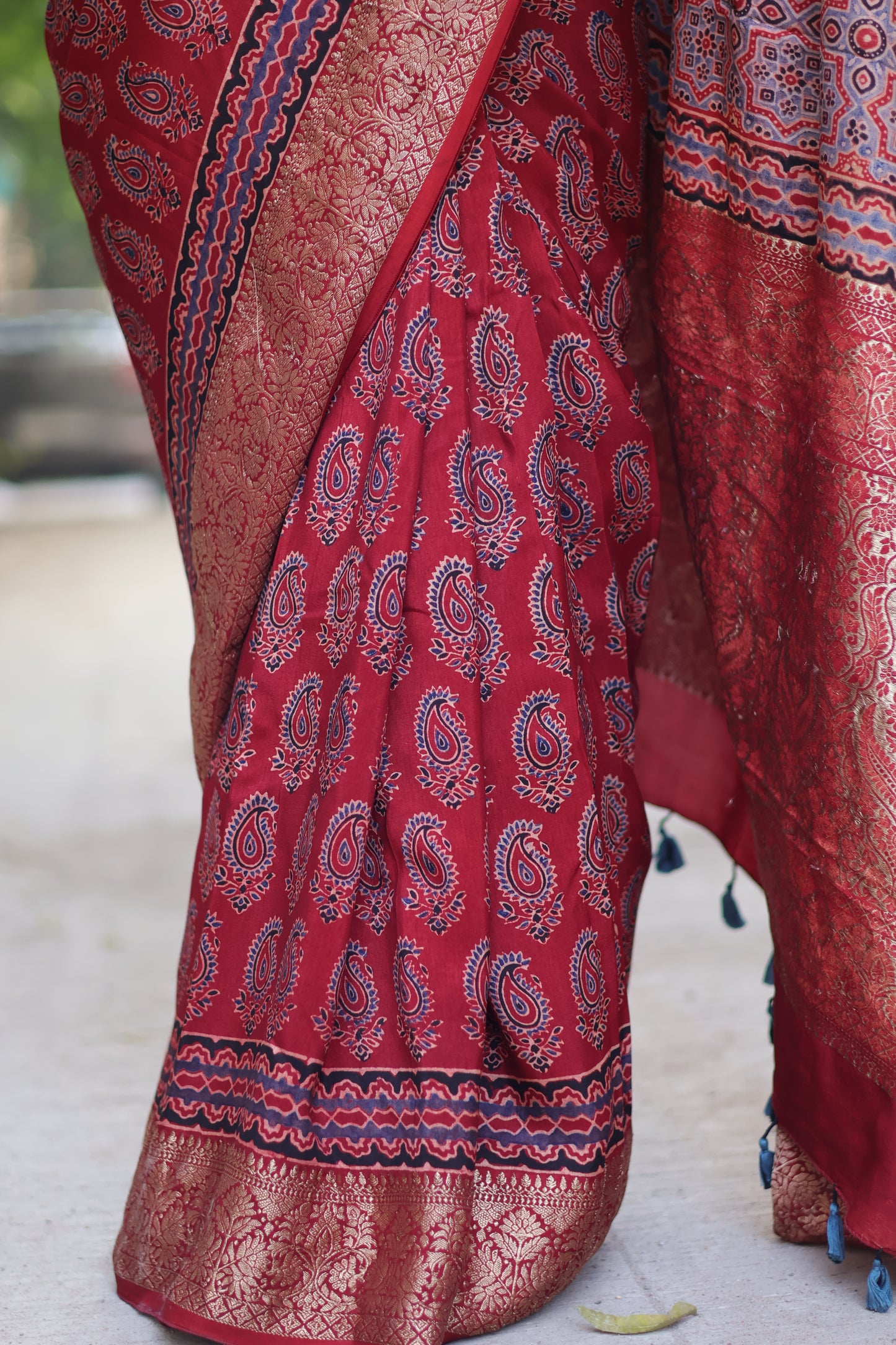Maroon Butta Ajrakh Handblock Printed Dola Silk Saree