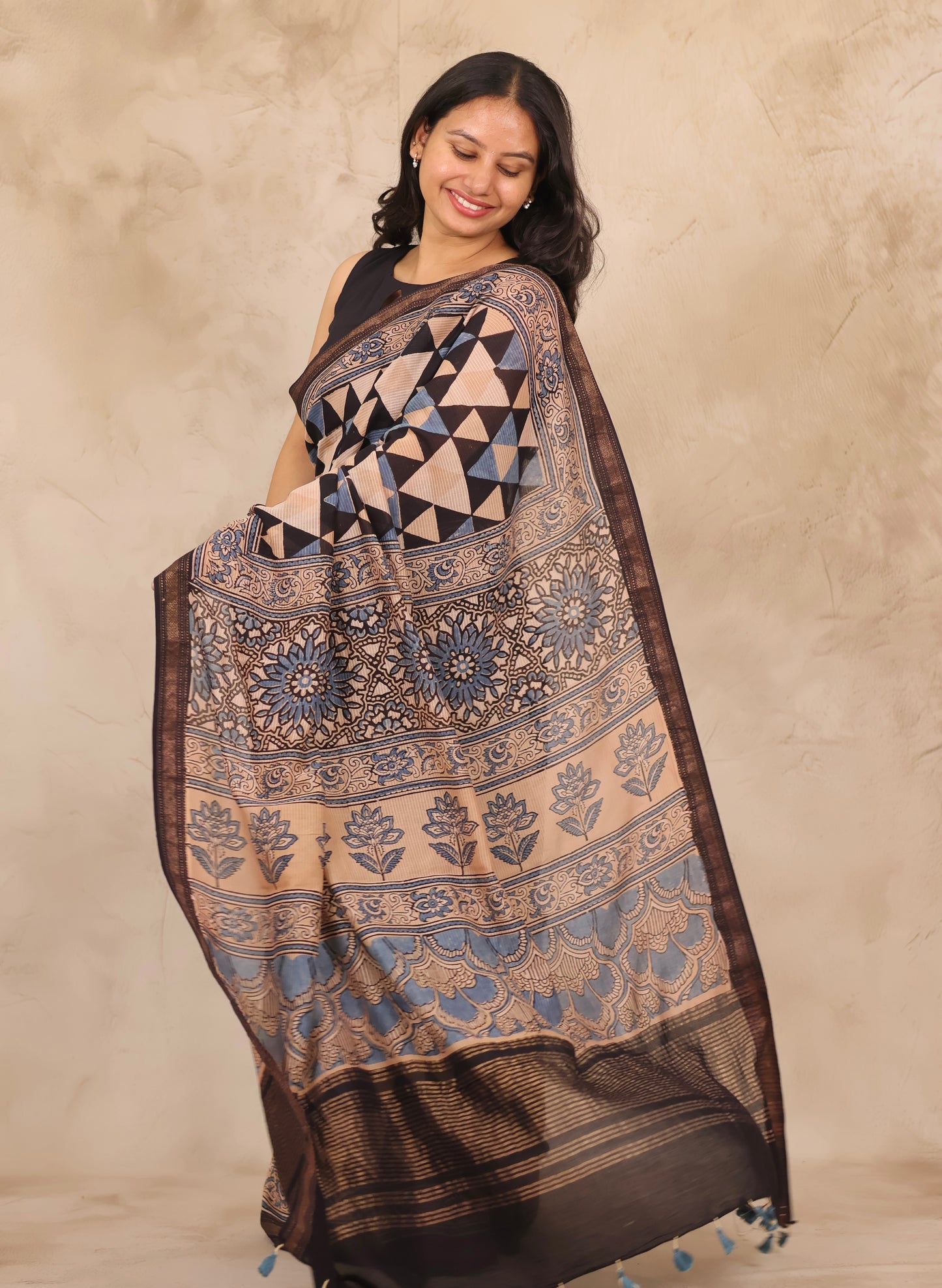 Maheswari Silk Cotton Ajrakh Handblock Printed Saree | Looms & Tassels