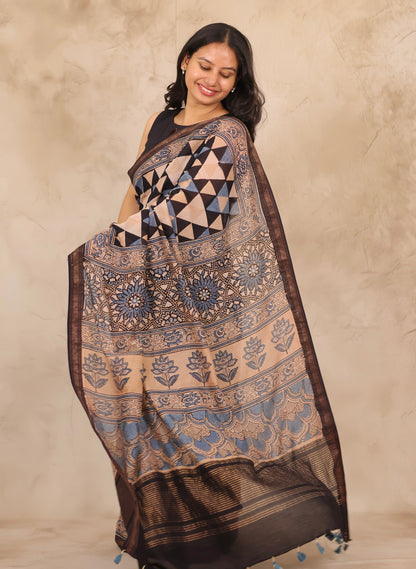 Maheswari Silk Cotton Ajrakh Handblock Printed Saree | Looms & Tassels
