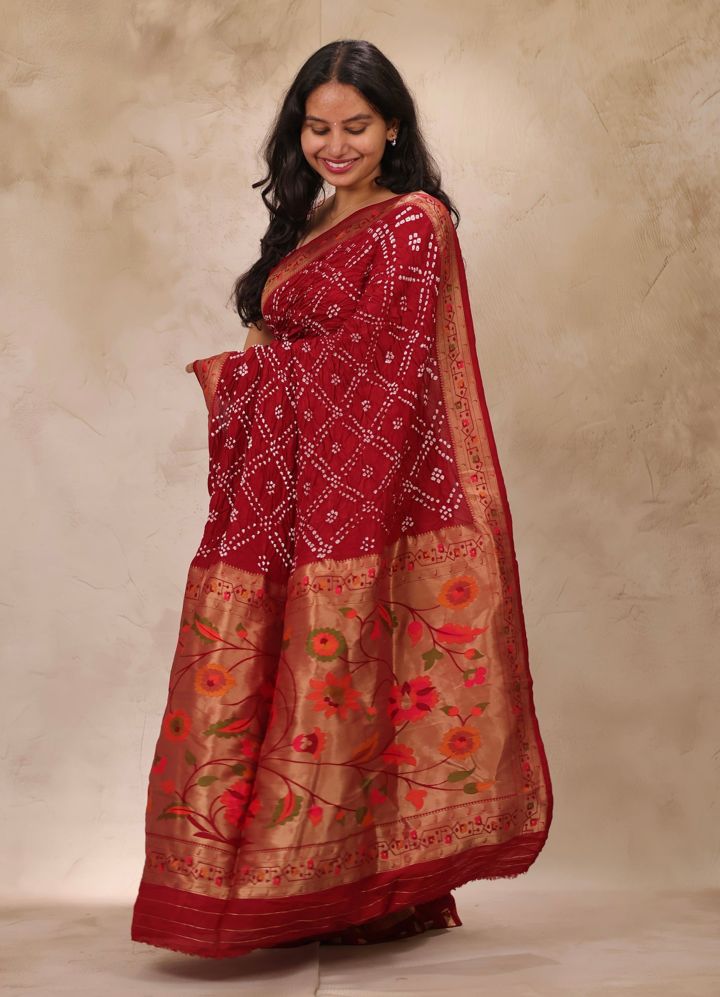 Deep Maroon Handcrafted Bandhani Paithani Dola Silk Saree | Looms & Tassels