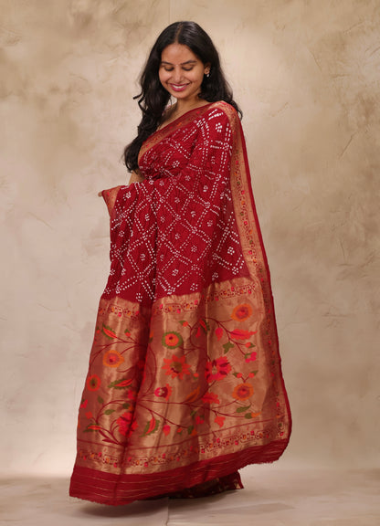Deep Maroon Handcrafted Bandhani Paithani Dola Silk Saree | Looms & Tassels