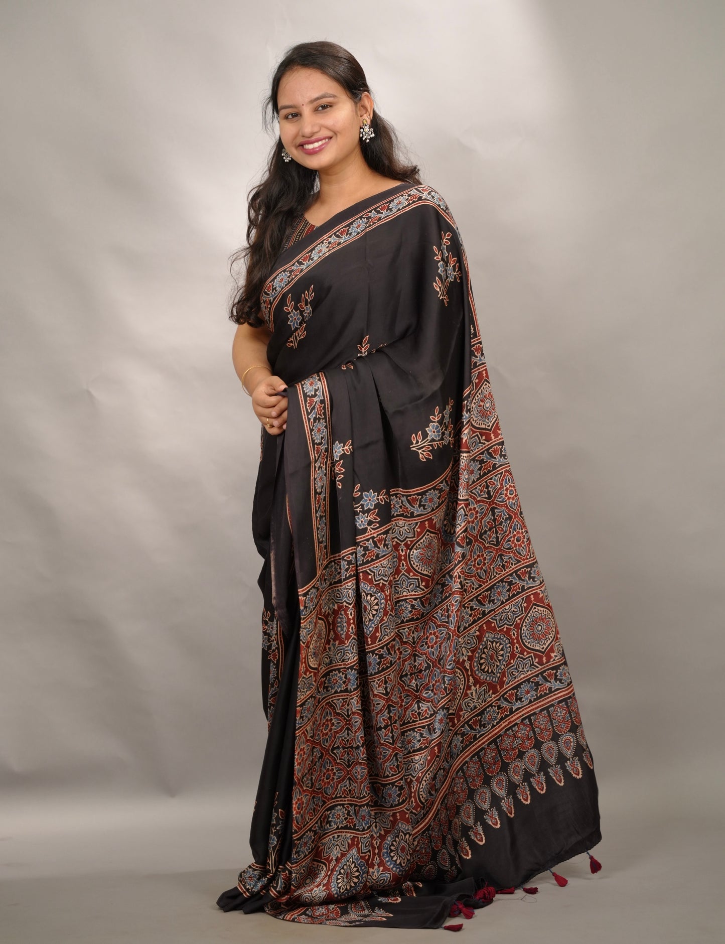 Black Authentic Ajrakh Handblock Printed Modal Silk Saree | Looms & Tassels