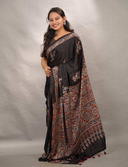 Black Authentic Ajrakh Handblock Printed Modal Silk Saree | Looms & Tassels