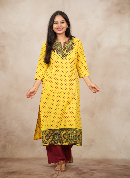 Yellow Ajrakh Pattern Hand Block printed Kurti | Looms & Tassels