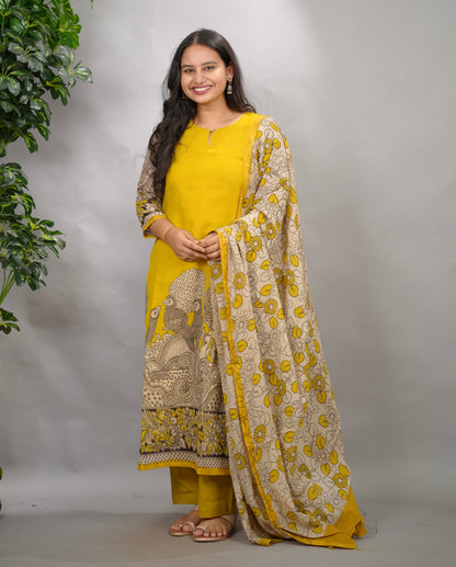 Yellow Kalamkari Kota Cotton 3 piece suit (stitched) | Looms & Tassels