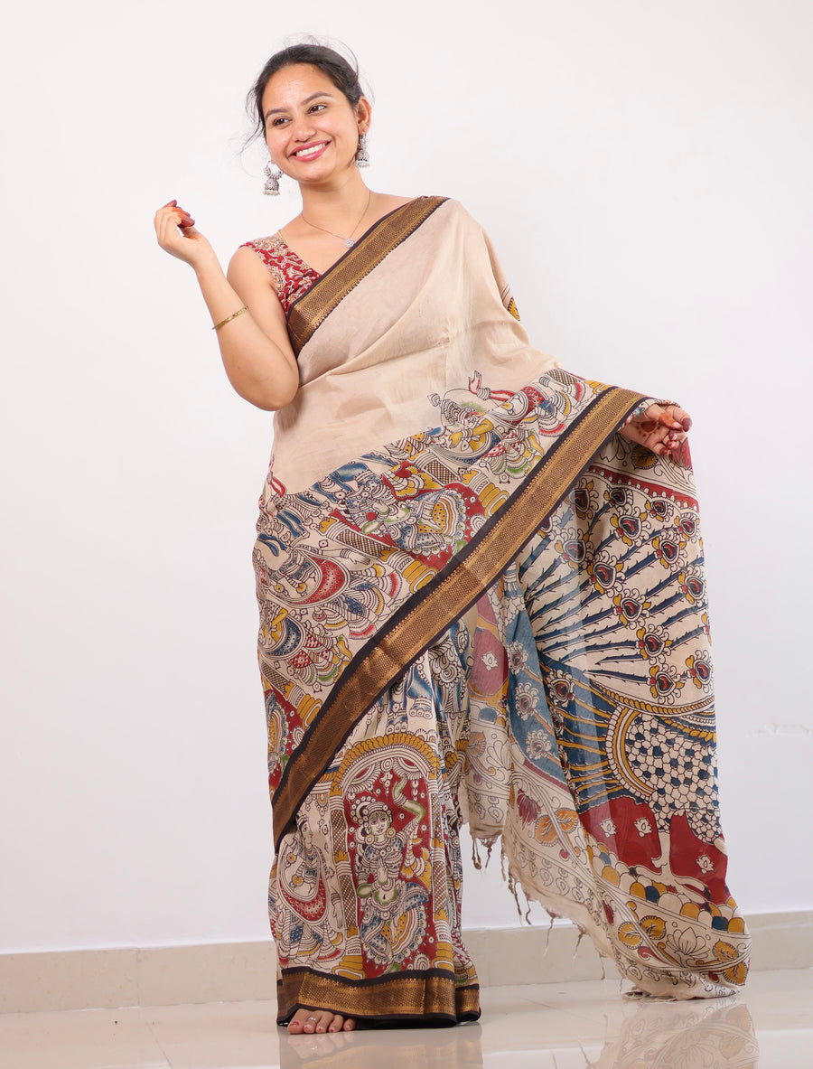 Cream Madhubani Kalamkari Silk Handcrafted Nizam Border Saree