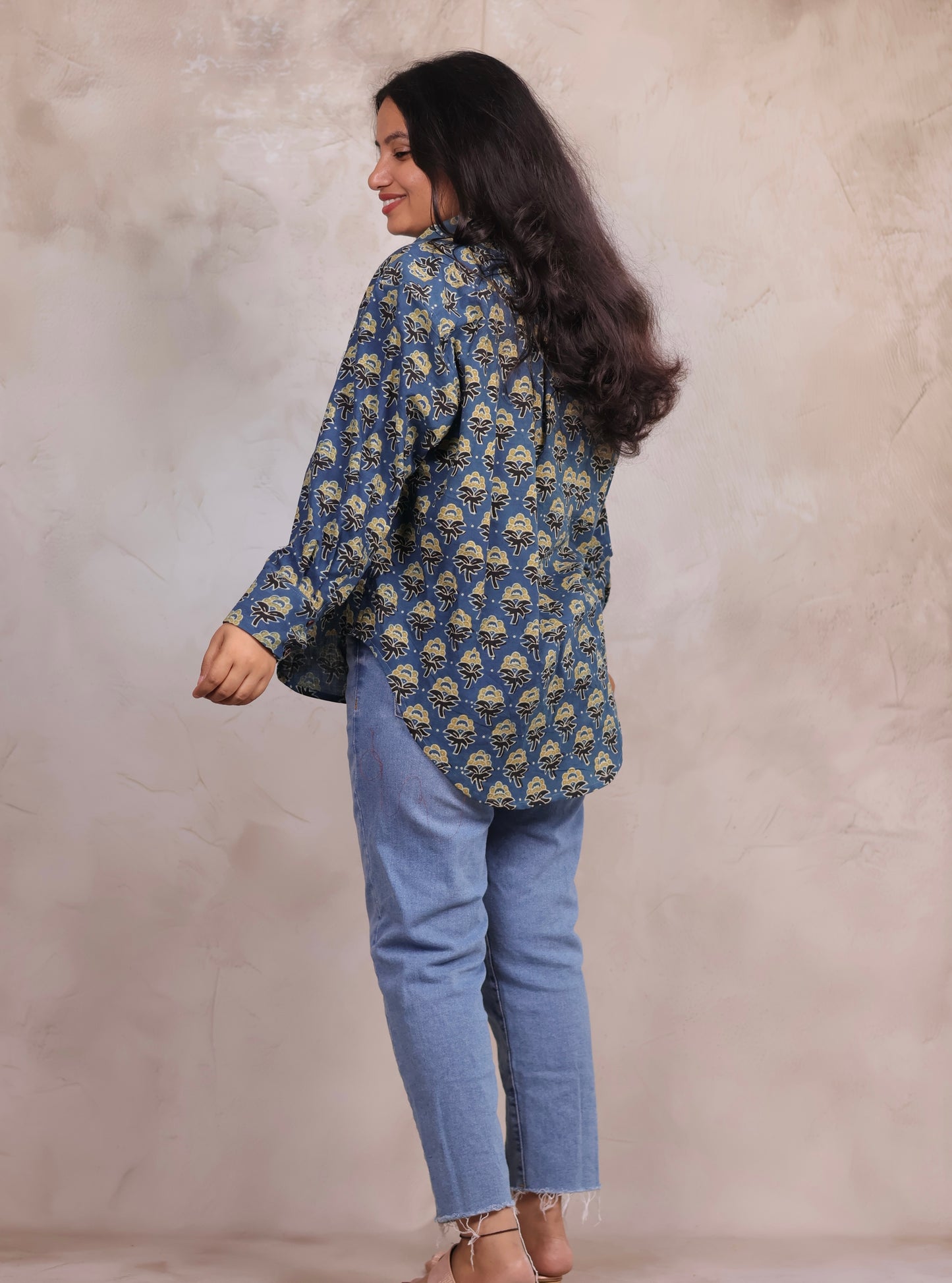Indigo Ajrakh Handblock Printed Shirt (Pure Cotton ) | Looms & Tassels