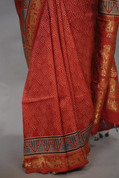Maroon Ajrakh Handblock printed Dola Silk Saree| Looms & Tassels