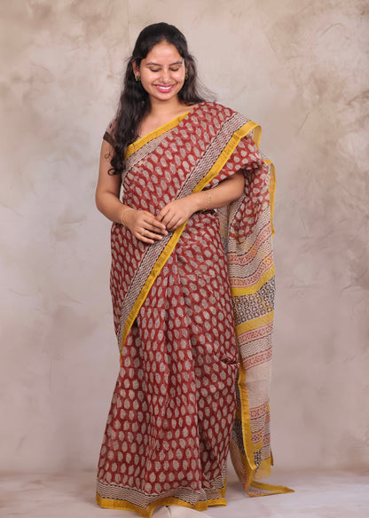 Maroon Pure Kota Doria Saree with Bagru Handblock Prints | Looms & Tassels